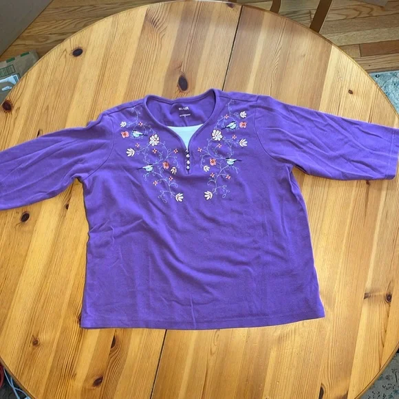 Vintage Blair Size Large Purple Women’s Half Sleeve Floral Bird Tee - Picture 3 of 7